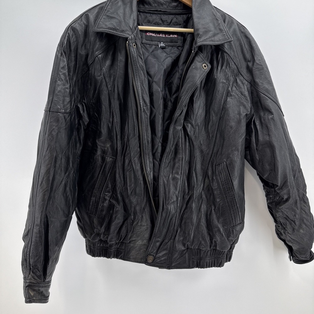 Vintage‎ Mens Charles Klein Black Genuine Leather Coat Jacket M Full Zip Lined